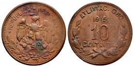 Mexico. 10 centavos. 1915. Guerrero - Atlixtac. (Km-645). Ae. 6,81 g. Slight rust on obverse. Choice VF. Est...100,00. 

Spanish description: México...