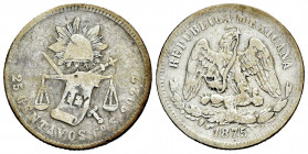 Mexico. 25 centavos. 1875. Guanajuato. S. (Km-406.5). Ag. 6,62 g. Almost VF/VF. Est...40,00. 

Spanish description: México. 25 centavos. 1875. Guana...