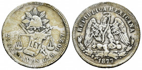 Mexico. 25 centavos. 1877. Guanajuato. S. (Km-406.5). Ag. 6,62 g. Hairlines. Almost VF/Choice VF. Est...40,00. 

Spanish description: México. 25 cen...