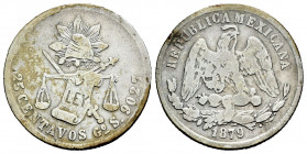 Mexico. 25 centavos. 1879. Guanajuato. S. (Km-406.5). Ag. 6,42 g. Choice F. Est...40,00. 

Spanish description: México. 25 centavos. 1879. Guanajuat...