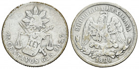 Mexico. 25 centavos. 1880. Guanajuato. S. (Km-406.5). Ag. 6,57 g. Scarce. Almost VF. Est...50,00. 

Spanish description: México. 25 centavos. 1880. ...