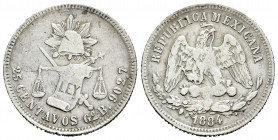 Mexico. 25 centavos. 1884. Guanajuato. B. (Km-406.5). Ag. 6,68 g. Almost VF. Est...40,00. 

Spanish description: México. 25 centavos. 1884. Guanajua...