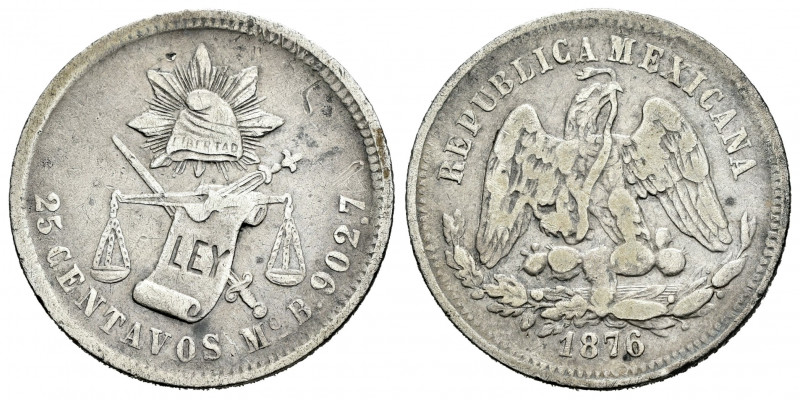 Mexico. 25 centavos. 1876. México. B. (Km-406.7). Ag. 6,55 g. VF/Almost VF. Est....