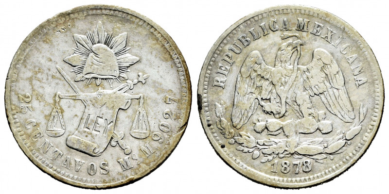 Mexico. 25 centavos. 1878. México. M. (Km-406.7). Ag. 6,54 g. Almost VF/VF. Est....