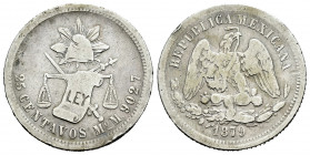 Mexico. 25 centavos. 1879. México. M. (Km-406.7). Ag. 6,57 g. Nicks on edge. Choice F. Est...30,00. 

Spanish description: México. 25 centavos. 1879...