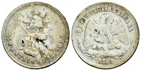 Mexico. 25 centavos. 1881. San Luis of Potosí. H. (Km-406.8). Ag. 6,68 g. Knocks. Toned. Scarce. Choice F. Est...25,00. 

Spanish description: Méxic...