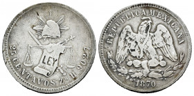 Mexico. 25 centavos. 1870. Zacatecas. H. (Km-406.9). Ag. 6,71 g. Hairlines on obverse. Choice F. Est...35,00. 

Spanish description: México. 25 cent...