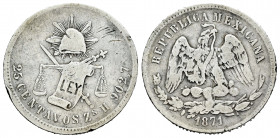 Mexico. 25 centavos. 1871. Zacatecas. H. (Km-406.9). Ag. 6,58 g. Choice F. Est...25,00. 

Spanish description: México. 25 centavos. 1871. Zacatecas....