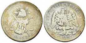 Mexico. 25 centavos. 1872. Zacatecas. H. (Km-406.9). Ag. 6,65 g. Choice F. Est...25,00. 

Spanish description: México. 25 centavos. 1872. Zacatecas....