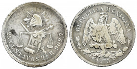 Mexico. 25 centavos. 1873. Zacatecas. H. (Km-406.9). Ag. 6,58 g. Choice F. Est...30,00. 

Spanish description: México. 25 centavos. 1873. Zacatecas....