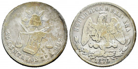 Mexico. 25 centavos. 1876. Zacatecas. A. (Km-406.9). Ag. 6,56 g. Choice F. Est...35,00. 

Spanish description: México. 25 centavos. 1876. Zacatecas....