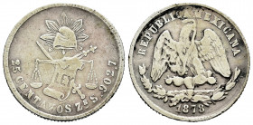 Mexico. 25 centavos. 1878. Zacatecas. S. (Km-406.9). Ag. 6,58 g. Choice F. Est...40,00. 

Spanish description: México. 25 centavos. 1878. Zacatecas....