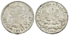 Mexico. 25 centavos. 1883. Zacatecas. S. (Km-406.9). Ag. 6,59 g. Nicks on edge. F. Est...25,00. 

Spanish description: México. 25 centavos. 1883. Za...