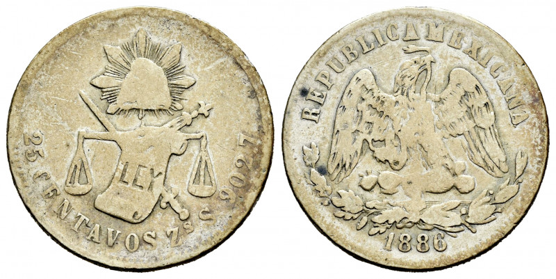 Mexico. 25 centavos. 1886. Zacatecas. S. (Km-406.9). Ag. 6,55 g. F. Est...25,00....