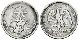 Mexico. 50 centavos. 1875. Alamos. L. (Km-407). Ag. 12,92 g. Scarce. Almost VF. Est...30,00. 

Spanish description: México. 50 centavos. 1875. Alamo...