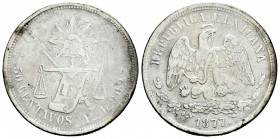 Mexico. 50 centavos. 1877. Alamos. L. (Km-407). Ag. 13,66 g. lightly rubbed. Rare. Choice F/Almost VF. Est...60,00. 

Spanish description: México. 5...