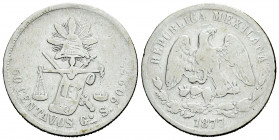 Mexico. 50 centavos. 1877. Guanajuato. S. (Km-407.4). Ag. 13,15 g. Scarce. Almost VF/Almost F. Est...35,00. 

Spanish description: México. 50 centav...