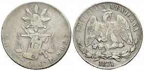 Mexico. 1 peso. 1871. Culiacan. P. (Km-408.1). Ag. 26,89 g. Minor nick on edge. Rare. Choice F/Almost VF. Est...100,00. 

Spanish description: Méxic...