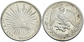 Mexico. 1 peso. 1902. Culiacan. JQ. (Km-409). Ag. 27,00 g. Choice VF/Almost XF. Est...50,00. 

Spanish description: México. 1 peso. 1902. Culiacán. ...