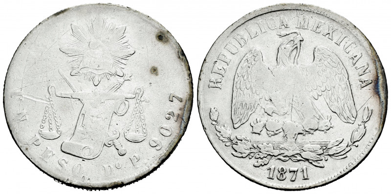 Mexico. 1 peso. 1871. Durango. P. (Km-408.2). Ag. 26,37 g. Scratch on obverse. S...