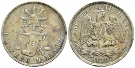 Mexico. 1 peso. 1870. México. M. (Km-408.5). Ag. 27,00 g. Toned. Choice VF. Est...80,00. 

Spanish description: México. 1 peso. 1870. México. M. (Km...