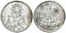 Mexico. 1 peso. 1871. México. M. (Km-408.5). Ag. 26,97 g. Choice VF. Est...80,00. 

Spanish description: México. 1 peso. 1871. México. M. (Km-408.5)...