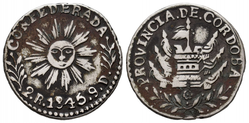 Argentina. 2 reales. 1844. Córdoba. (Km-23). Ag. 6,49 g. The R for the value and...