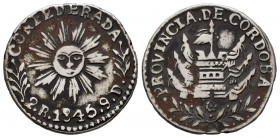 Argentina. 2 reales. 1844. Córdoba. (Km-23). Ag. 6,49 g. The R for the value and D, without the superscript S's. Welding at 12 o'clock. Rare. Choice V...