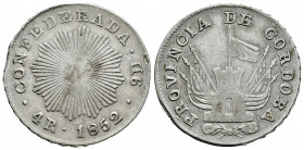 Argentina. 4 reales. 1852. PROVINCIA DE CORDOBA. (Km-A31). Ag. 12,93 g. Edge defect. Almost VF. Est...90,00. 

Spanish description: Argentina. 4 rea...