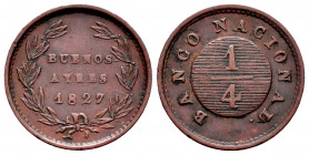 Argentina. 1/4 real. 1827. Buenos Aires. (Km-2). Ae. 3,24 g. Choice VF. Est...80,00. 

Spanish description: Argentina. 1/4 real. 1827. Buenos Aires....
