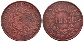 Argentina. 2 reales. 1853. Buenos Aires. (Km-9). Ae. 6,58 g. VF. Est...25,00. 

Spanish description: Argentina. 2 reales. 1853. Buenos Aires. (Km-9)...