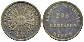 Argentina. 2 centavos. 1854. (Km-24). Ae. 10,18 g. VF. Est...20,00. 

Spanish description: Argentina. Confederación. 2 centavos. 1854. (Km-24). Ae. ...