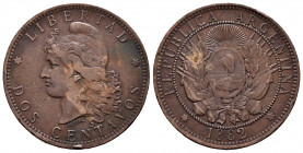 Argentina. 2 centavos. 1882. (Km-33). Ae. 10,00 g. Scarce. VF. Est...80,00. 

Spanish description: Argentina. 2 centavos. 1882. (Km-33). Ae. 10,00 g...