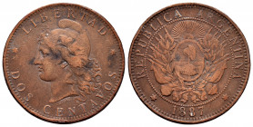 Argentina. 2 centavos. 1887. (Km-33). Ae. 9,79 g. Cleaned. Scarce. VF. Est...80,00. 

Spanish description: Argentina. 2 centavos. 1887. (Km-33). Ae....
