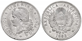 Argentina. 50 centavos. 1883. (Km-28). Ag. 12,28 g. Choice VF. Est...60,00. 

Spanish description: Argentina. 50 centavos. 1883. (Km-28). Ag. 12,28 ...