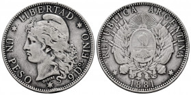 Argentina. 1 peso. 1881. (Km-29). Ag. 24,71 g. Knocks. Metal defect. Rare. VF. Est...250,00. 

Spanish description: Argentina. 1 peso. 1881. (Km-29)...