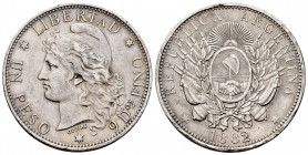 Argentina. 1 peso. 1882. (Km-29). Ag. 24,89 g. Nicks on edge. Scratch on obverse. Scarce. Choice VF. Est...250,00. 

Spanish description: Argentina....