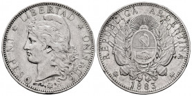 Argentina. 1 peso. 1883. (Km-29). Ag. 24,98 g. Rare. Choice VF/Almost XF. Est...800,00. 

Spanish description: Argentina. 1 peso. 1883. (Km-29). Ag....