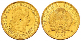 Argentina. 5 pesos (argentino). 1881. (Km-31). (Fr-14). Au. 8,11 g. Minor marks on obverse. Choice VF. Est...420,00. 

Spanish description: Argentin...