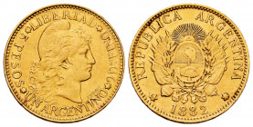 Argentina. 5 pesos (argentino). 1882. (Km-31). (Fr-14). Au. 8,06 g. VF. Est...420,00. 

Spanish description: Argentina. 5 pesos (argentino). 1882. (...