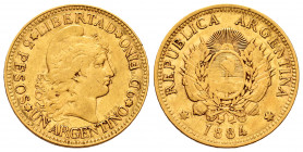 Argentina. 5 pesos (argentino). 1884. (Km-31). (Fr-14). Au. 8,05 g. VF. Est...420,00. 

Spanish description: Argentina. 5 pesos (argentino). 1884. (...