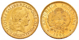 Argentina. 5 pesos (argentino). 1885. (Km-31). (Fr-14). Au. 8,04 g. Hairlines on obverse. VF. Est...420,00. 

Spanish description: Argentina. 5 peso...