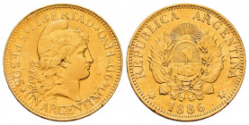 Argentina. 5 pesos (argentino). 1886. (Km-31). (Fr-14). Au. 8,08 g. Cleaned. Almost VF/VF. Est...400,00. 

Spanish description: Argentina. 5 pesos (...
