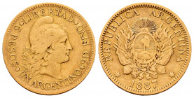 Argentina. 5 pesos (argentino). 1887. (Km-31). (Fr-14). Au. 7,98 g. lightly rubbed. Choice F/Almost VF. Est...350,00. 

Spanish description: Argenti...