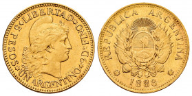 Argentina. 5 pesos (argentino). 1888. (Km-31). (Fr-14). Au. 8,03 g. Choice VF. Est...420,00. 

Spanish description: Argentina. 5 pesos (argentino). ...