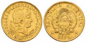 Argentina. 5 pesos (argentino). 1896. (Km-31). (Fr-14). Au. 8,06 g. Choice VF. Est...420,00. 

Spanish description: Argentina. 5 pesos (argentino). ...