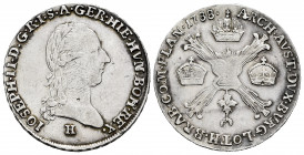 Austria. Netherlands. Joseph II. 1/4 kronenthaler. 1788. Gunzburg. H. (Km-38). Ag. 7,30 g. Scarce. Choice VF. Est...60,00. 

Spanish description: Au...