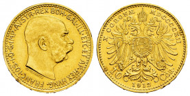 Austria. Franz Joseph I. 10 korona. 1912. (Km-2816). (Fried-513R). Au. 3,39 g. Minor nicks on edge. XF. Est...160,00. 

Spanish description: Austria...