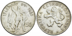 Czechoslovakia. 50 korun. 1955. (Km-44). Ag. 19,91 g. 10th Anniversary Liberation from Germany. Scratch on obverse. AU. Est...25,00. 

Spanish descr...