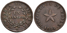 Chile. 1 centavo. 1853. (Km-127). Ae. 10,10 g. Almost VF. Est...18,00. 

Spanish description: Chile. 1 centavo. 1853. (Km-127). Ae. 10,10 g. MBC-. E...
